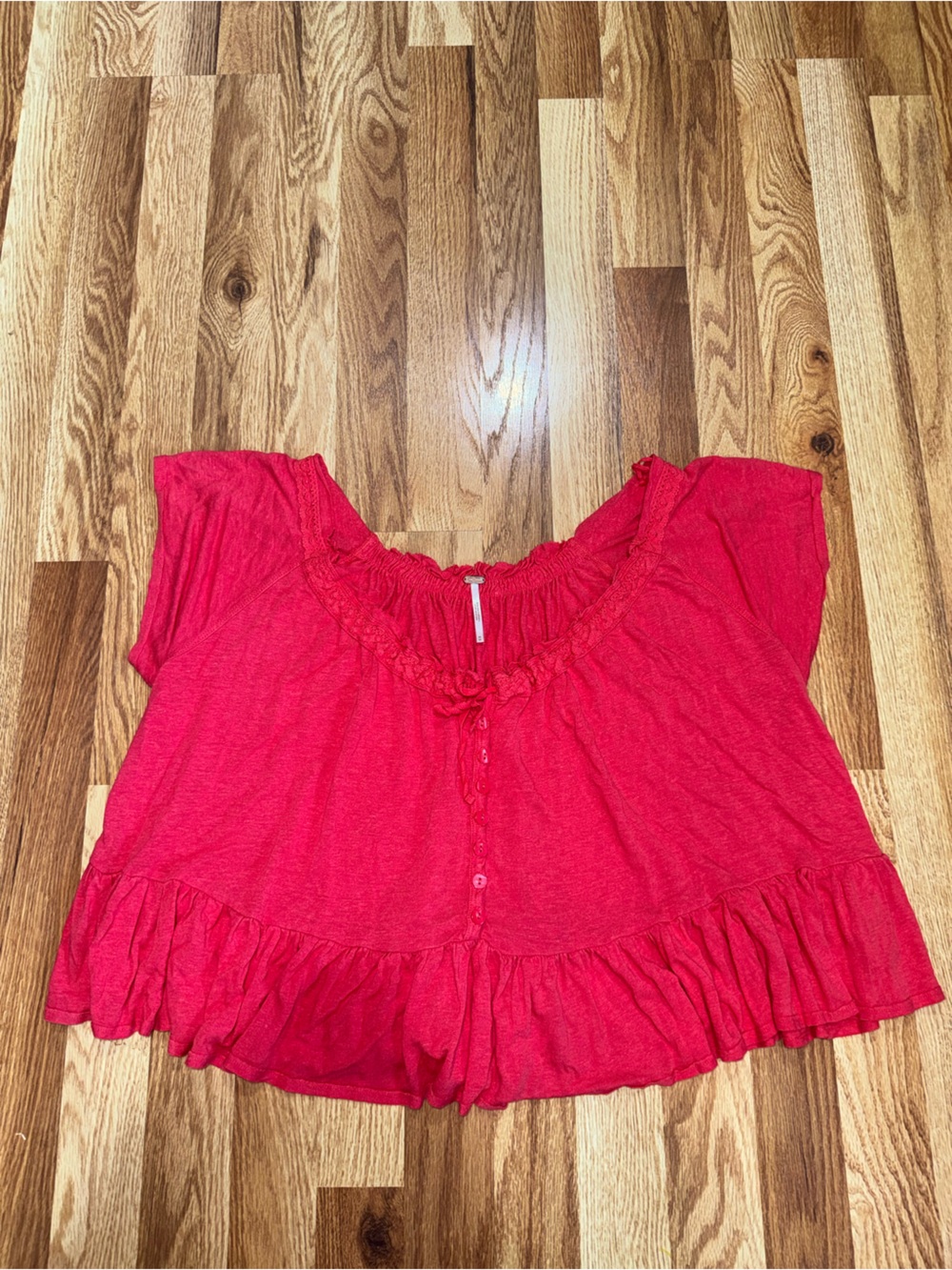 Free People Red Ruffle Button Front Cap Sleeve Scoop Neck Lightweight Knit M